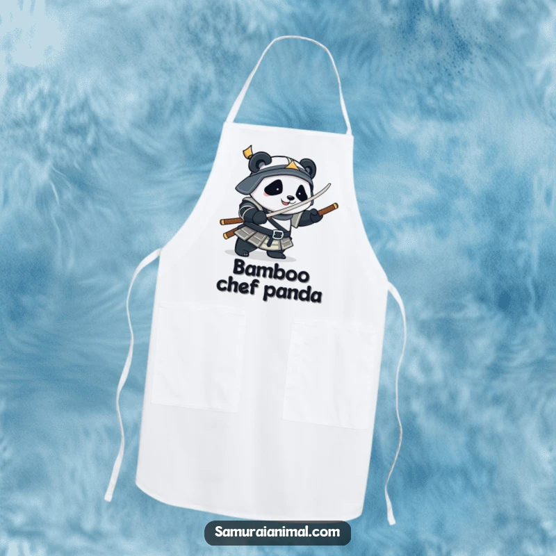 Funny Apron showing a plump panda in samurai armor playfully spinning a bamboo sword, bringing humor to the kitchen.