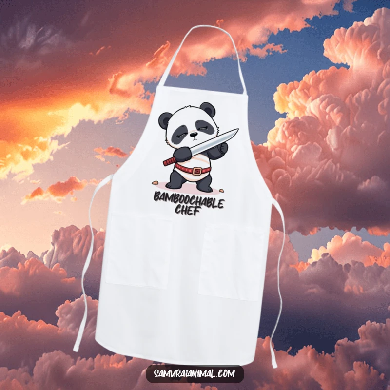 Funny Apron depicting a sleepy panda awkwardly attempting a sword stance, ready to bring cute struggle to the kitchen.
