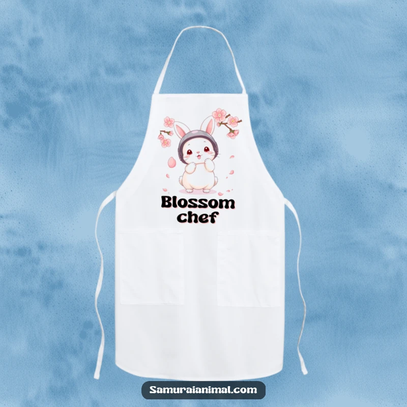 Funny Apron showing a fluffy bunny in a tiny helmet parrying a falling cherry blossom petal, for kitchen bravery.