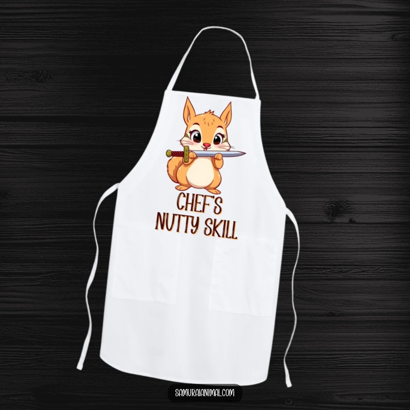 Funny Squirrel Sword Apron: A small squirrel with wide eyes balances a sword on its nose, ready for kitchen battles.