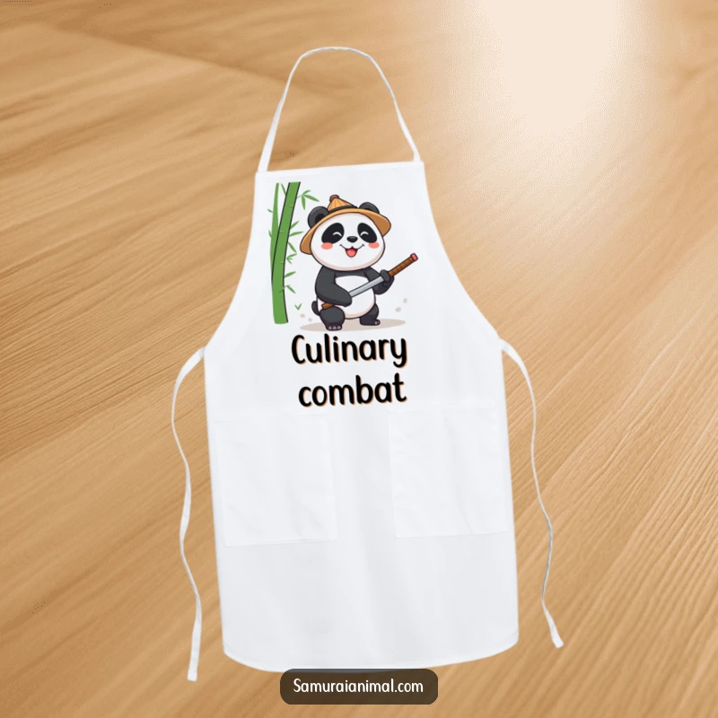 Funny Panda Chef Apron: A humorous apron with a panda in a straw hat, chopping bamboo with a tiny katana while cooking.