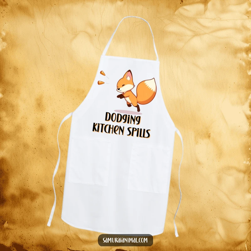 Funny apron featuring a tiny fox artistically dodging a soft, imagined projectile with a quick, agile movement in the kitchen.
