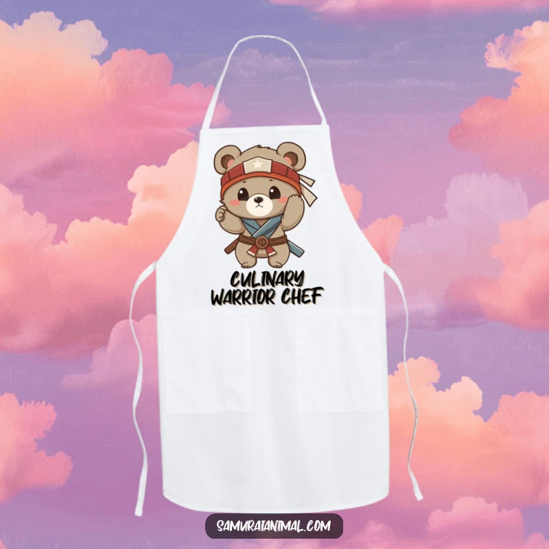 Funny kitchen apron with a small bear cub adjusting its samurai headband, ready for culinary adventures with a funny twist.