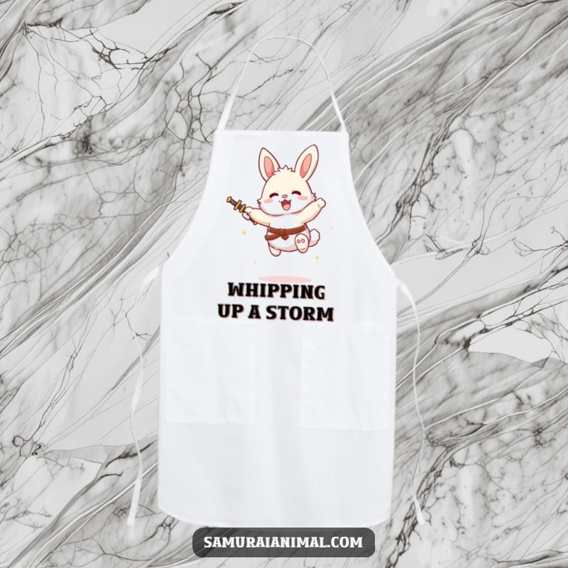 Funny bunny character in mid-air with a tiny sword, ready for action, a humorous and functional apron.