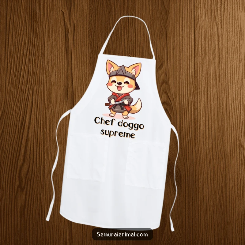 Funny Apron with a cheerful dog dressed as a samurai, wagging its tail and holding a sai, adding humor to cooking.