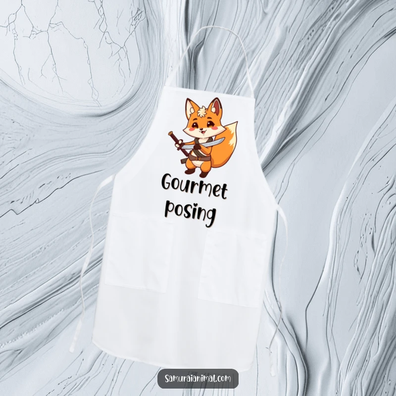 Funny Fox Adventurer Apron: A humorous apron with a cheerful fox with a tiny sword, posing dramatically.