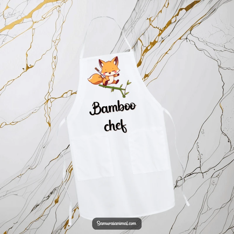 Funny Apron showing a playful fox with a miniature sword leaping over a bamboo shoot while cooking.