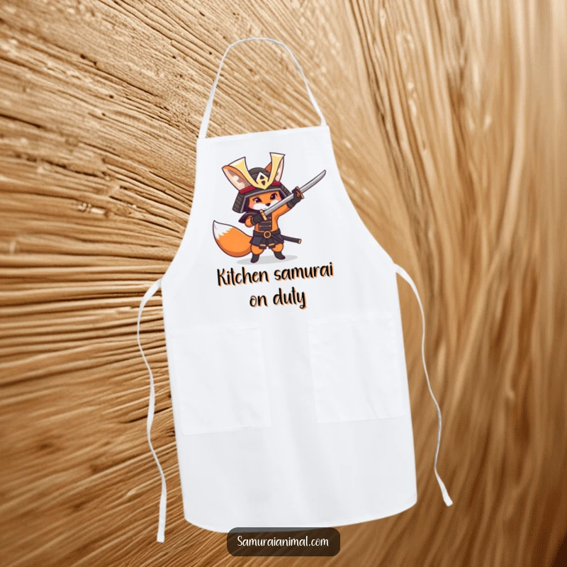 Funny fox in a samurai helmet playfully practicing sword swings, a humorous and functional apron.