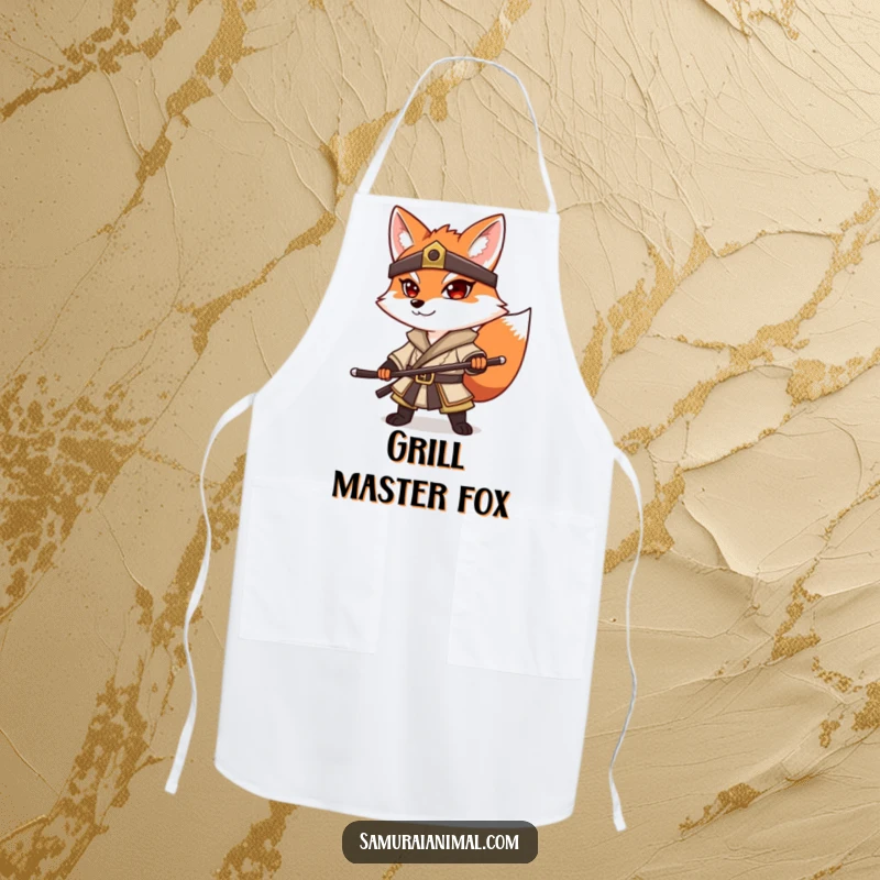 Funny Fox Samurai Apron: A determined fox in samurai attire, striking a powerful pose, ready for kitchen duties.