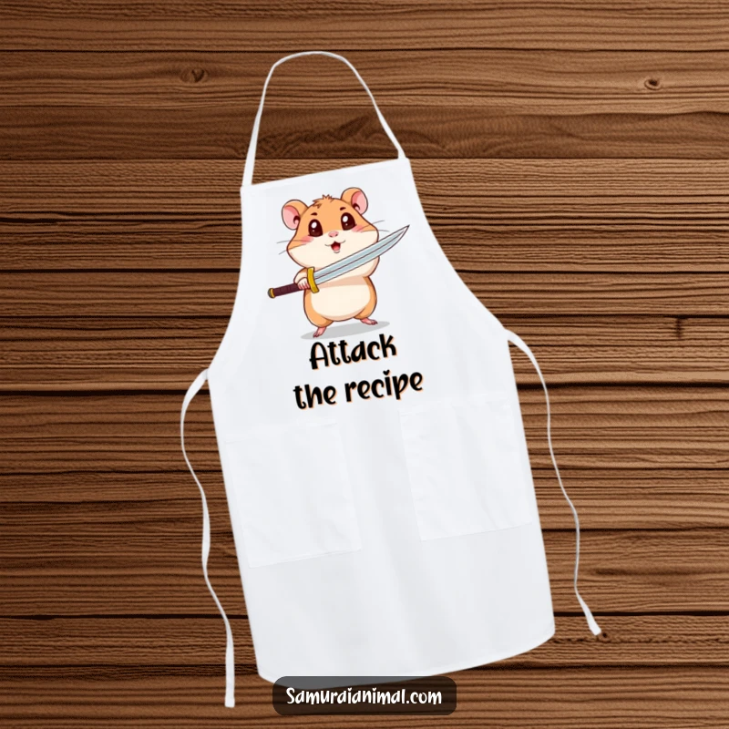 Funny hamster apron showing a curious hamster with wide eyes mid-spin attack, ideal for a humorous kitchen experience.