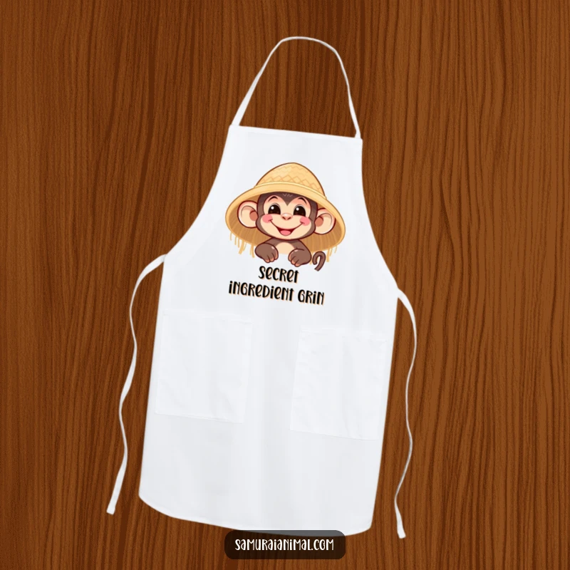 Funny apron depicting a nimble monkey character with a grin peeking from behind a straw hat, perfect for kitchen fun.