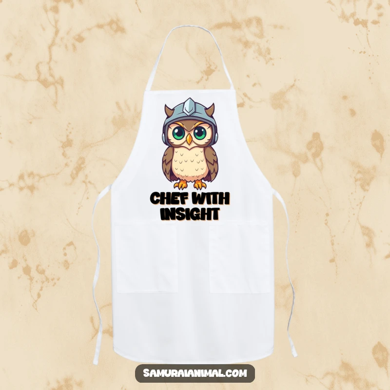 Funny apron depicting a wise owl in a helmet, observing the kitchen with intelligence and ready for delicious challenges.