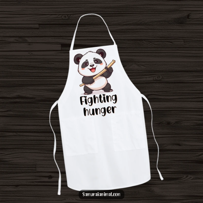 Funny plump panda comically wielding a toothpick sword on a kitchen apron, a humorous design for cooking adventures.