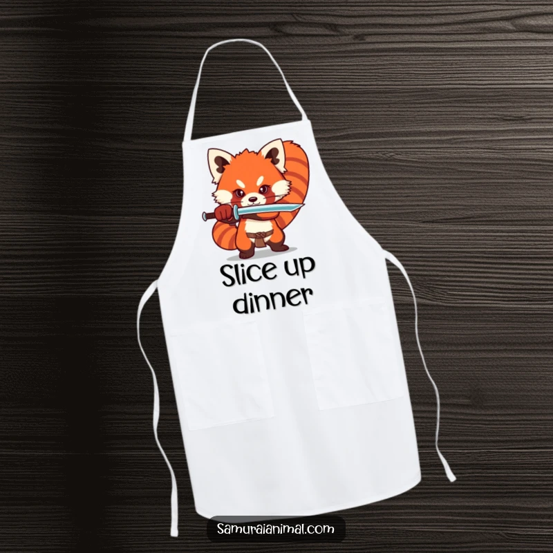Funny red panda apron showing a stylized character in a dramatic sword stance, perfect for kitchen adventures.