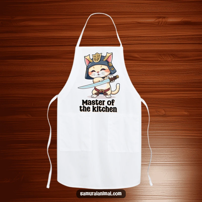 Funny Samurai Cat Apron: A playful cat chef in samurai helmet, preparing to chop with a sword, tail wagging energetically.