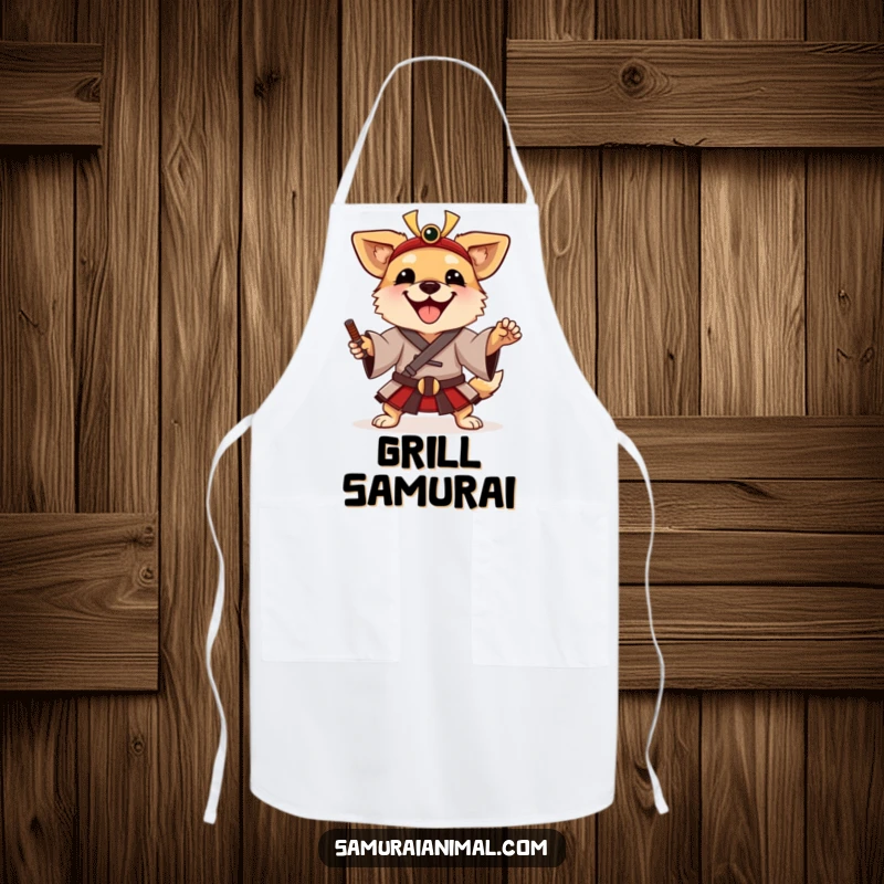 Funny Apron showing a happy dog in a traditional samurai tunic, striking a playful warrior pose while cooking.