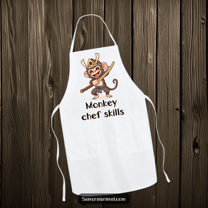 Funny apron illustrating a happy monkey in a samurai mask, wielding a wooden sword, ready to protect your clothes with a playful, warrior spirit.