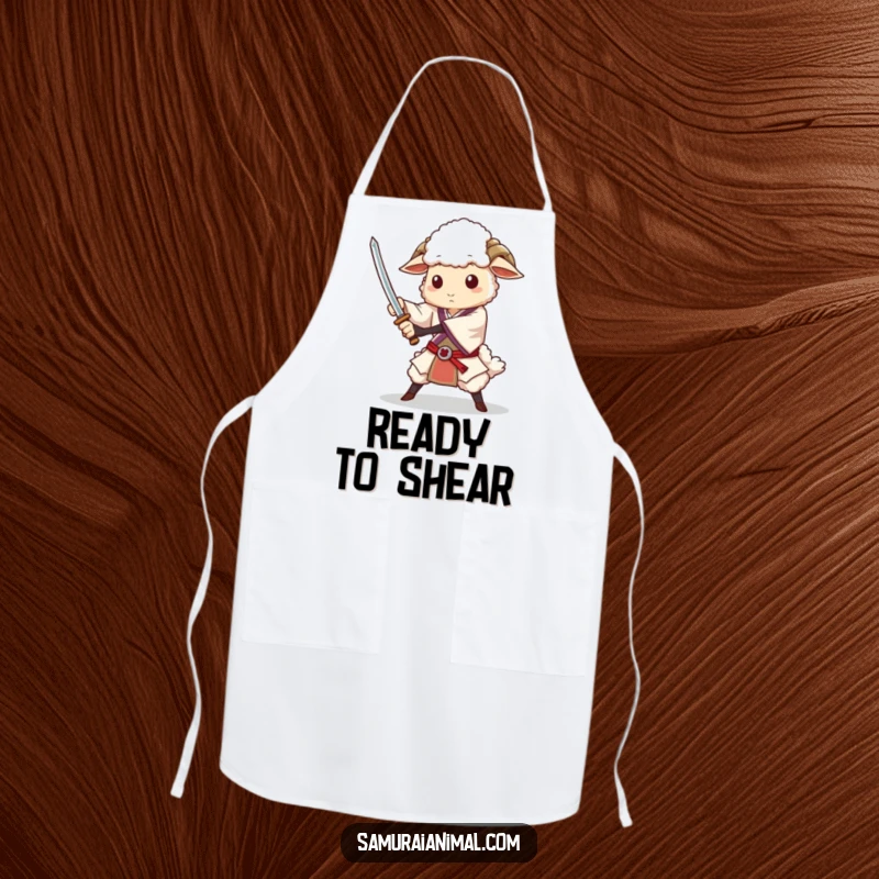 Funny apron with a dignified sheep character performing a graceful sword flourish while cooking, ready to serve up laughs.