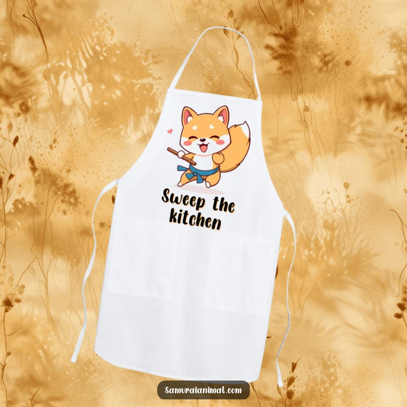 Funny Shiba Inu apron showing a playful dog performing a low sweep with a wooden stick, perfect for kitchen fun.