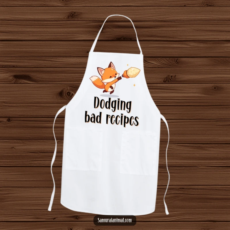 Funny tiny fox artfully dodging an oversized imaginary projectile on a kitchen apron, a humorous design for cooking adventures.