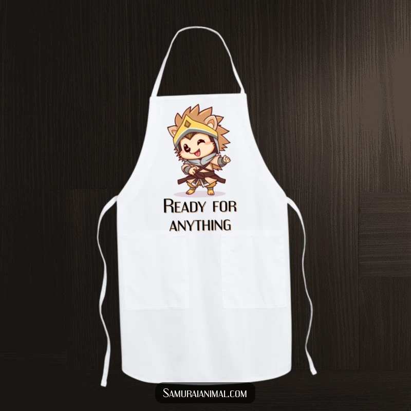 Funny warrior hedgehog apron showing a happy, armed hedgehog in a lively spin, blending kitchen practicality with warrior whimsy.