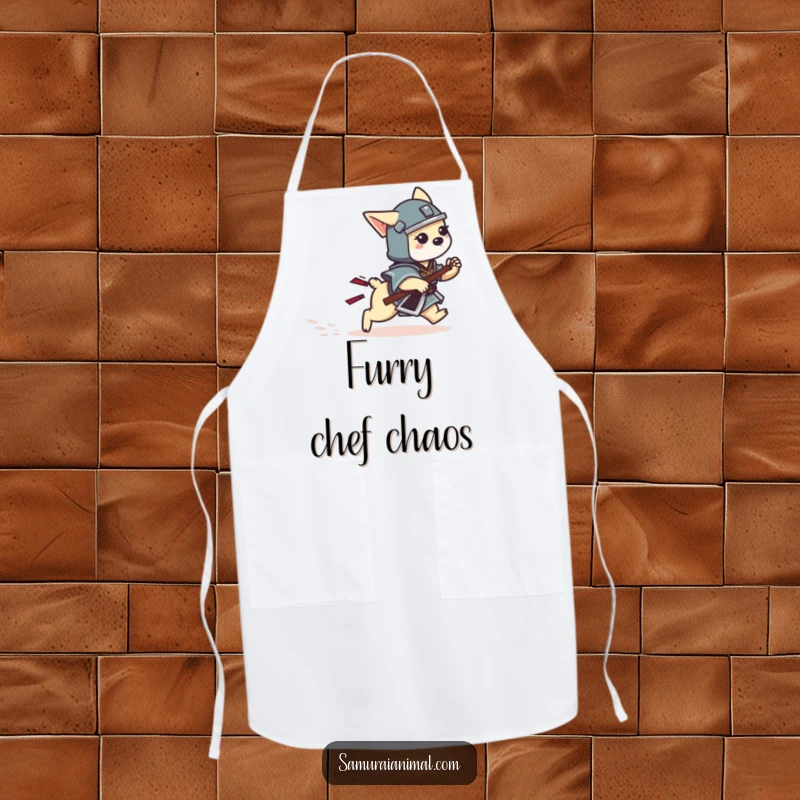 Funny Dog Samurai Apron showing a tiny dog warrior playfully chasing its tail, adding humor to cooking.