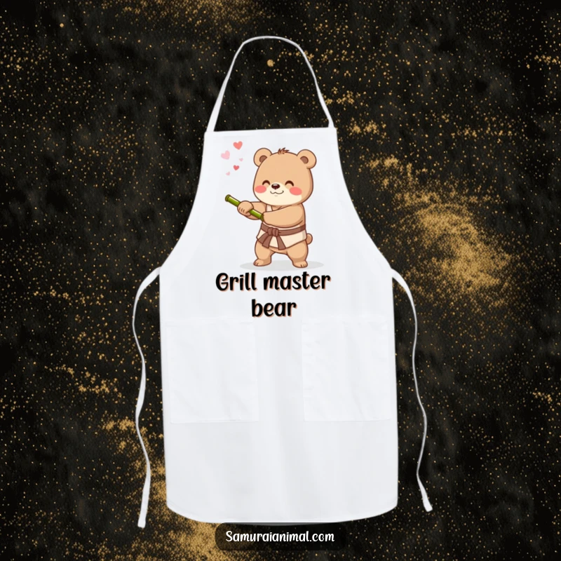 Funny apron showcasing a happy bear practicing sword swings, adding a humorous and focused touch to kitchen activities.