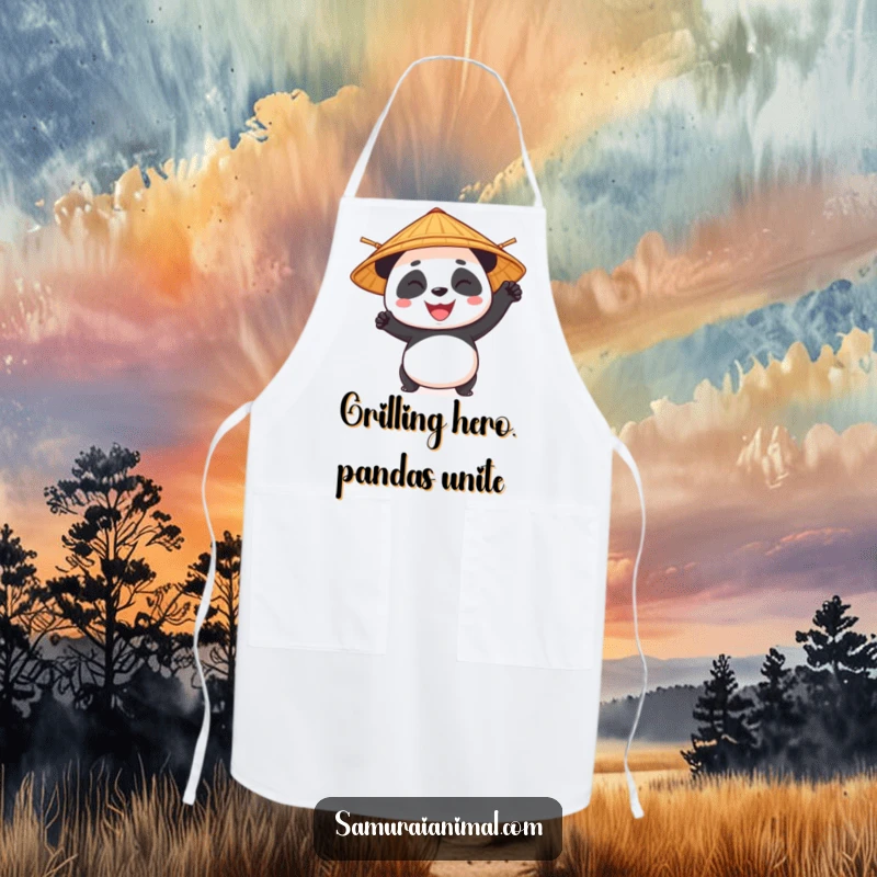 Funny panda character in a bamboo hat striking a heroic pose, a humorous and functional apron.
