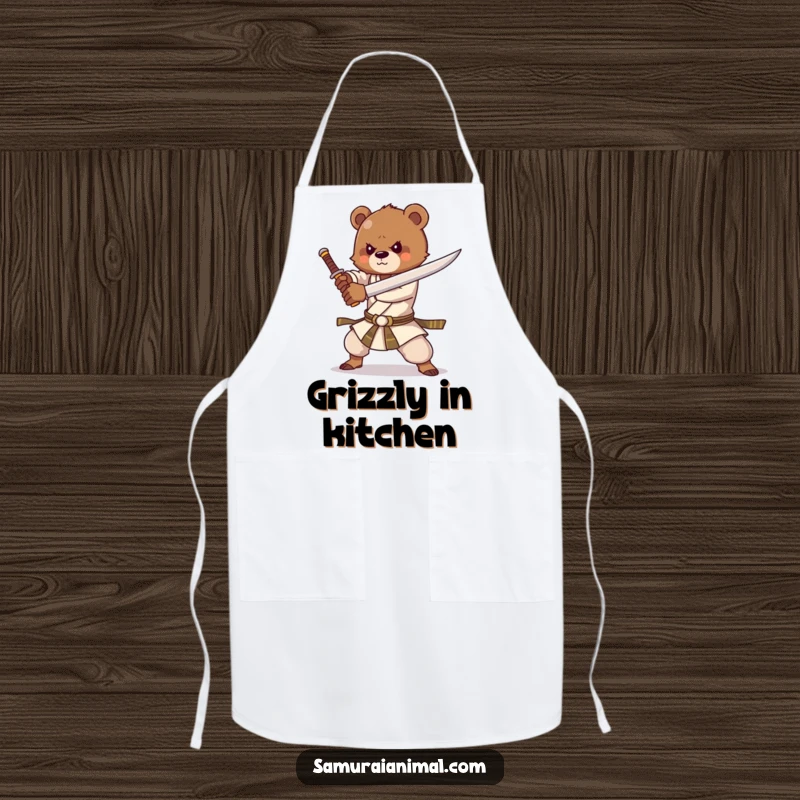 Funny apron showing a strong bear cub practicing sword forms with enthusiasm, ready for kitchen battles and delicious victories.