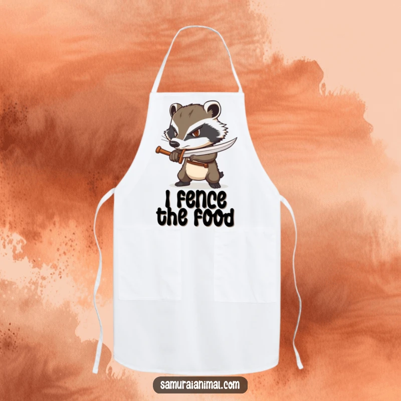 Funny badger apron showing a determined badger wielding a tiny wooden sword, ideal for cooking.