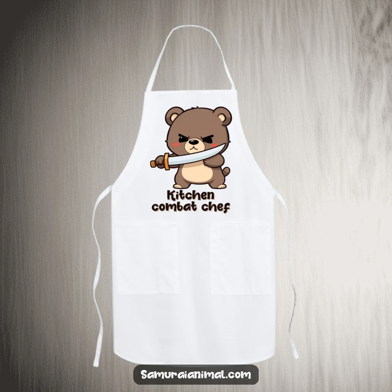 Funny bear sword apron featuring a determined bear character parrying with a tiny wooden sword, ready for culinary conquests.