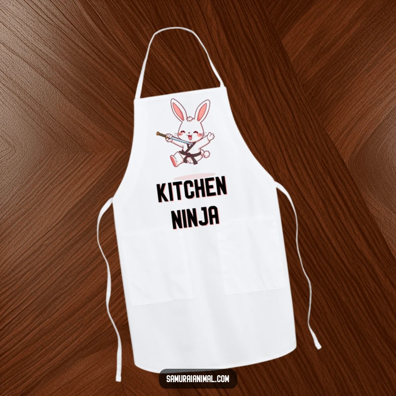 Funny apron showcasing a cheerful bunny mid-karate kick, adding a humorous and energetic touch to kitchen activities.