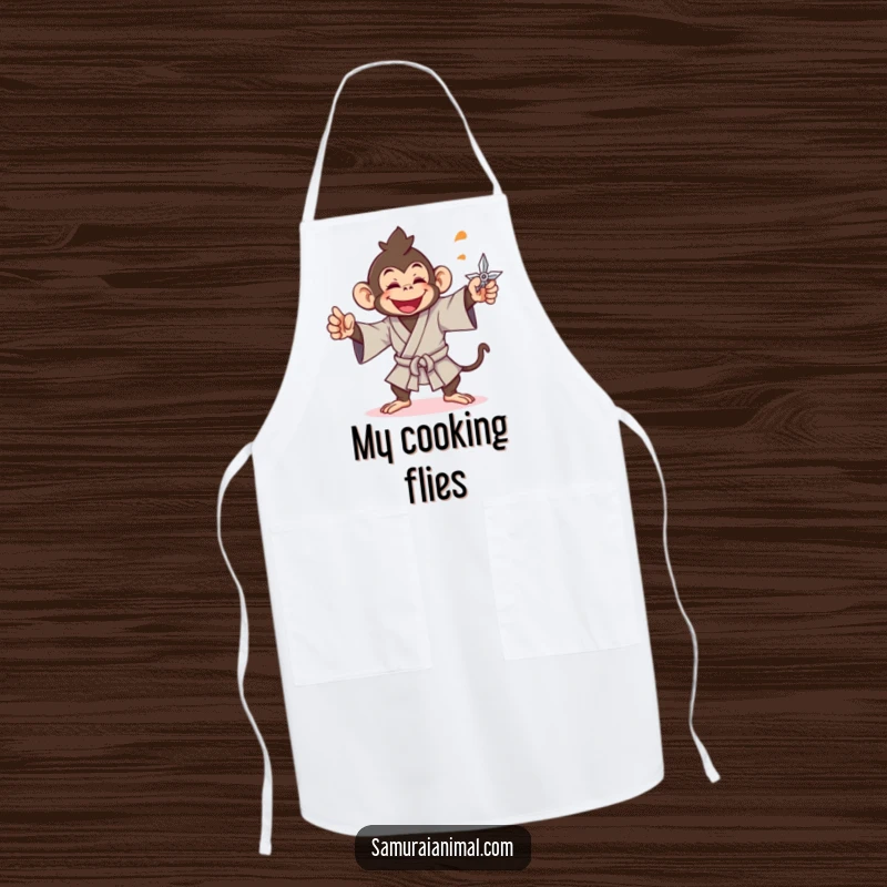 Funny monkey apron showing a cheerful ninja monkey throwing a shuriken, ideal for cooking.