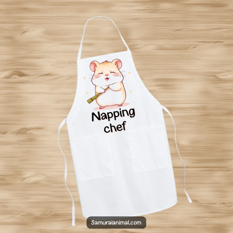 Funny apron with a sleepy hamster humorously practicing kung fu, swinging a tiny bamboo staff while donning a happy expression.