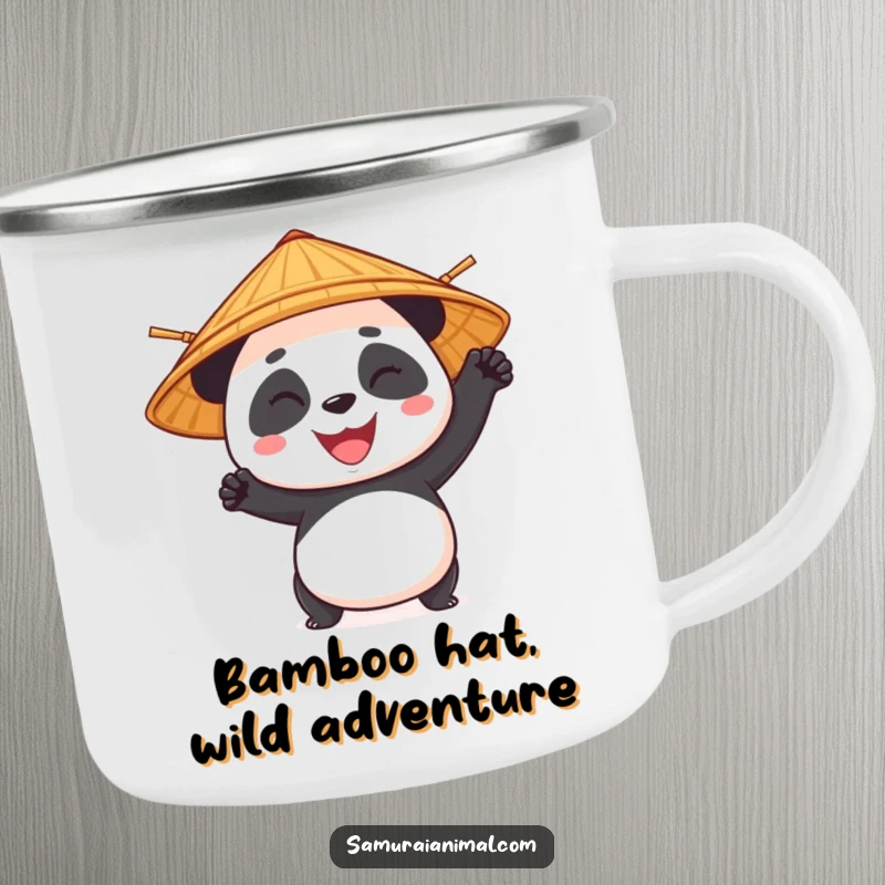 Funny panda character with a bamboo hat in a heroic pose, designed for a durable and humorous camping mug.
