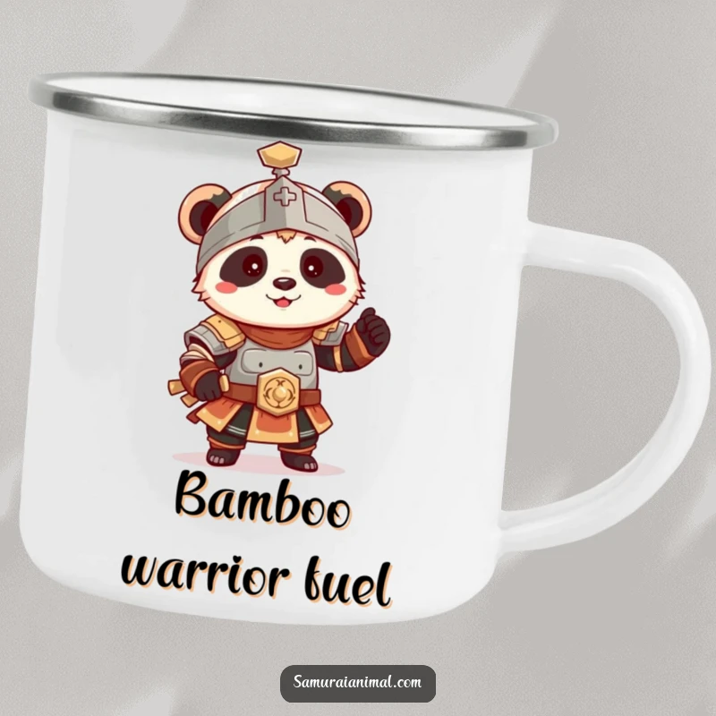 Funny Panda Armor Camping Mug, a tiny panda in ancient armor poses playfully, for outdoor fun.