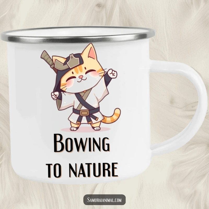 Funny Cat Samurai Camping Mug with a happy cat warrior performing an exaggerated bow, ready for campfire fun.