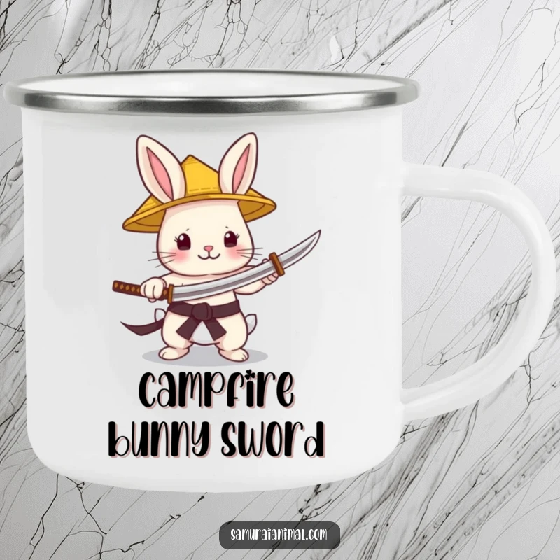 Funny Camping Mug featuring a tiny bunny samurai in a straw hat, gleefully wielding a minuscule katana, ready for the outdoors.