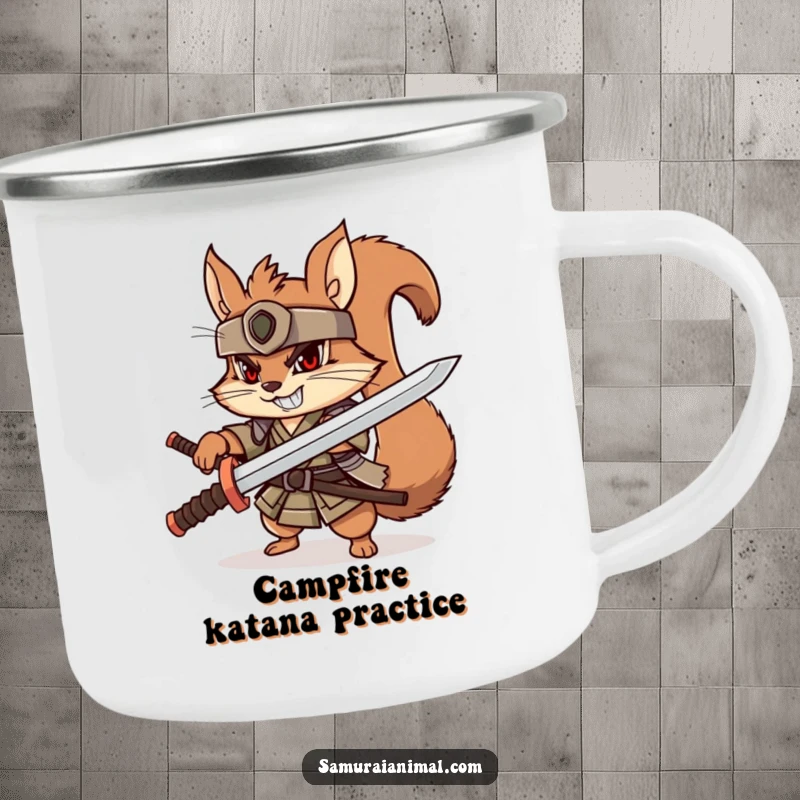 Funny squirrel samurai camping mug, playful character with wooden katana, determined grin, cute warrior enamel mug.