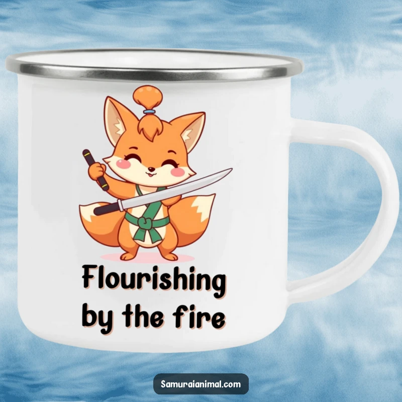 Funny fox camping mug of a mischievous fox with a topknot, happily practicing a sword flourish outdoors.