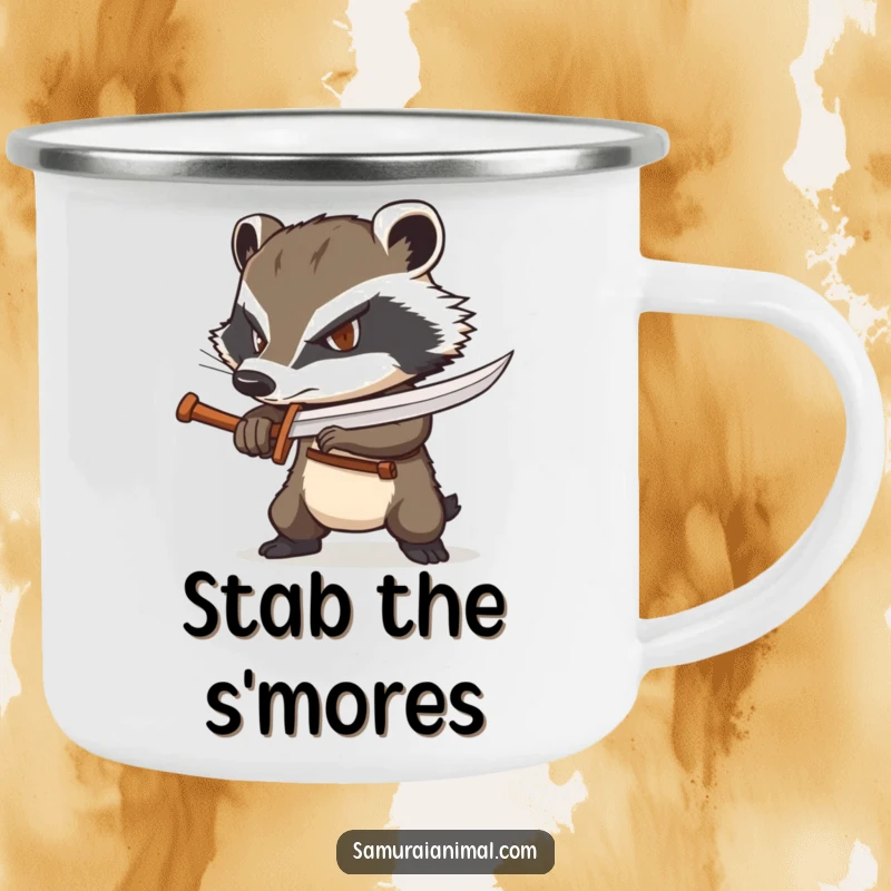 Funny badger camping mug with a determined badger wielding a tiny wooden sword, perfect for outdoor use.