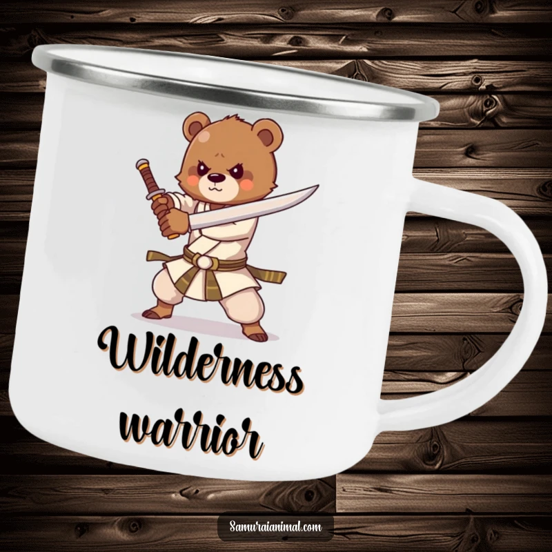 Funny camping mug featuring a strong bear cub practicing sword forms with enthusiasm, ready for any outdoor challenge.