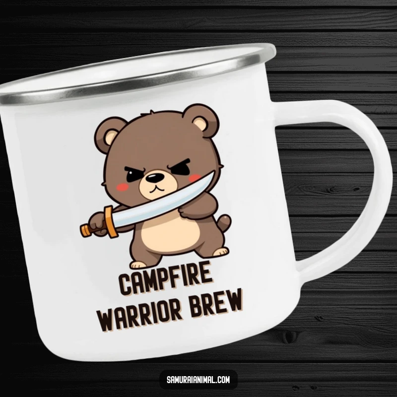 Funny bear sword camping mug showing a determined bear character bravely parrying with a tiny wooden sword, perfect for outdoor adventures.