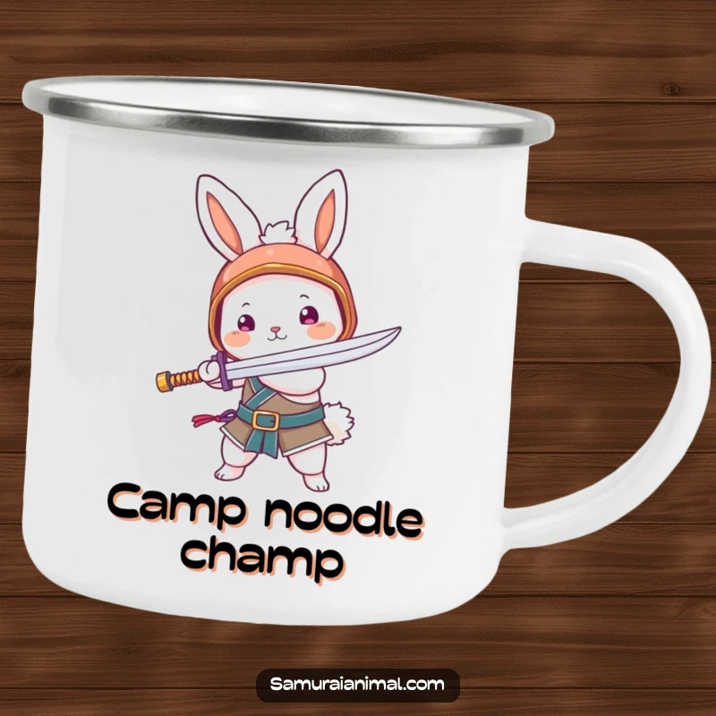 Funny camping mug with a fluffy bunny in a helmet, swinging a noodle sword. Adorable warrior outdoor drinkware.