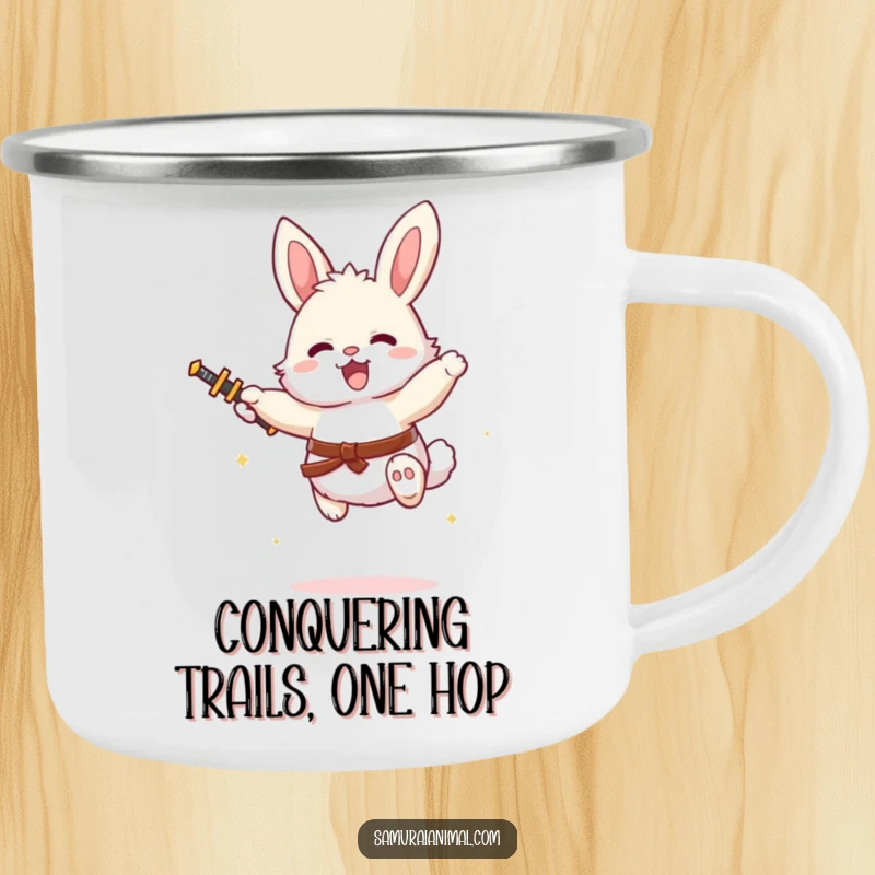 Funny fluffy bunny with a tiny sword, captured mid-leap, designed for a durable and humorous camping mug.