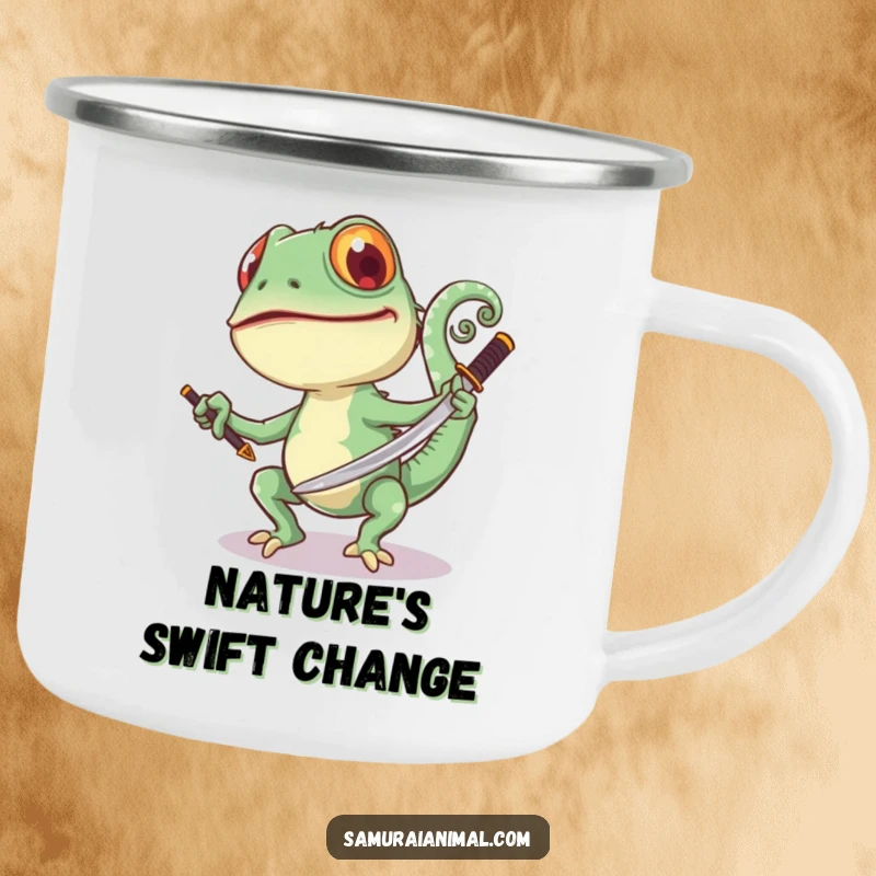 Funny Chameleon Sword Camping Mug: A joyful chameleon swings a samurai sword, its tail curled, ideal for outdoor fun.