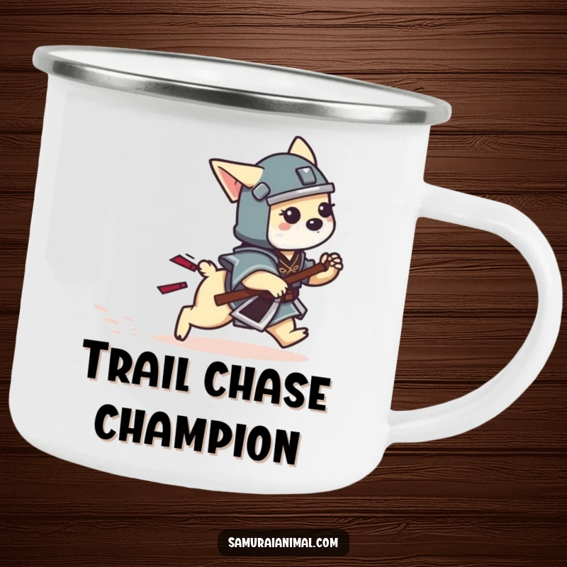 Funny Dog Samurai Camping Mug with a tiny dog warrior playfully chasing its tail, ready for campfire fun.
