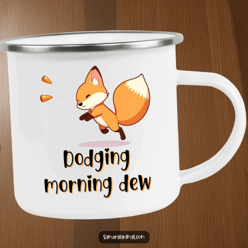 Funny camping mug showcasing a small fox executing a comical, swift dodge from an imaginary, oversized projectile during an outdoor adventure.