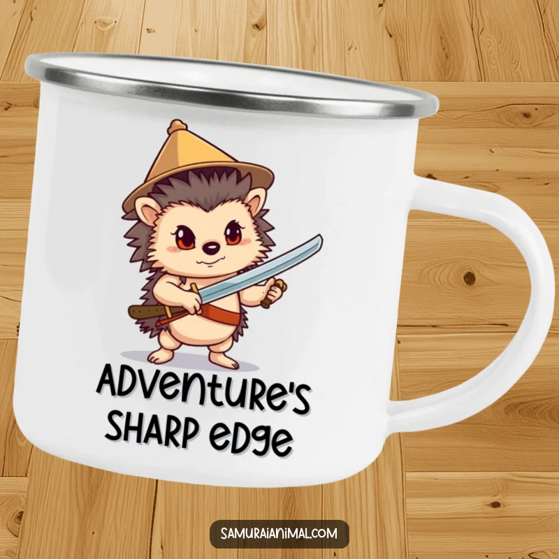 Funny Hedgehog Sword Camping Mug: A confident hedgehog poses with a sword, ideal for heroic outdoor sips.