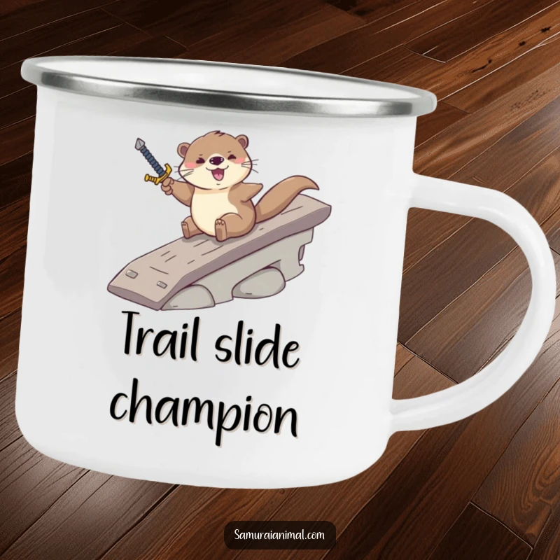 Funny camping mug featuring an otter sliding down a ramp with a sword, ideal for campfire stories and rugged exploration.